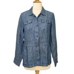 J. McLaughlin Linen Blazer Jacket Blue Denim Cinch Waist Long Sleeve Soft Size S
